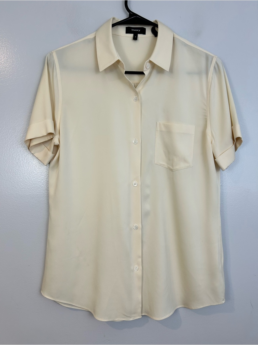 Theory Uniform Silk Ivory Short Sleeve Collared Button Down Shirt Size Small